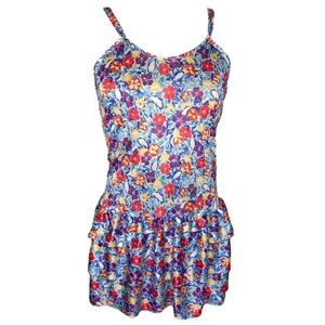 Floral Spaghetti Strap Ruffle Mini Dress (Size: Large, Color: Blue/Multi)